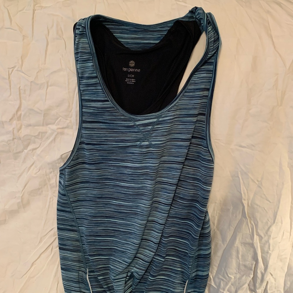 Tangerine sleeveless tank top, blue green stripes (small), with under tank